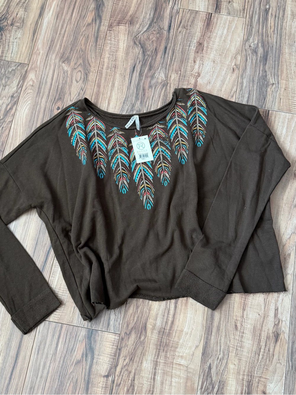 NWT Roper Brown Ladies Oversized Sweatshirt with Turquoise & Tan Feather Size: L